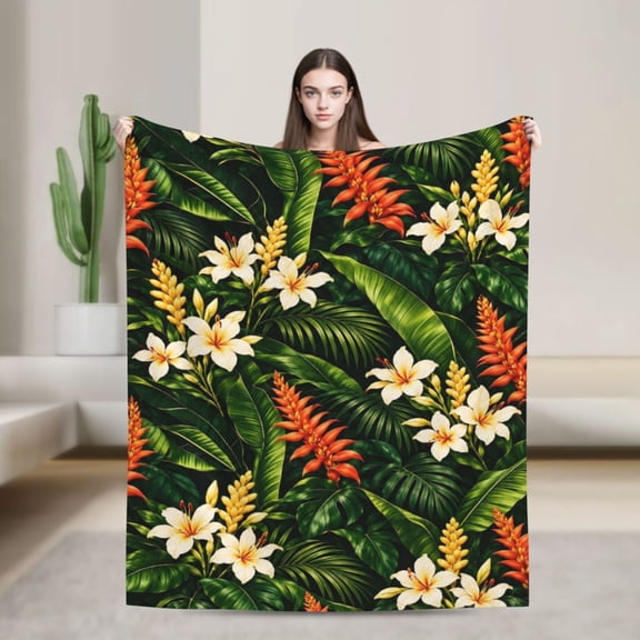 Tropical Floral Blanket Hibiscus Palm Leaves Flannel Throw Blanket Botanical Home Decor Gift for Women 50x40 in