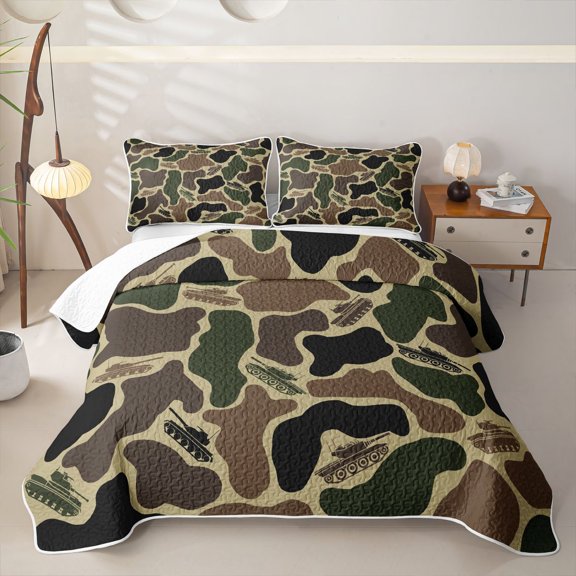 Feelyou Plane Camo Print Twin Quilt Set for Boys Girls, Rustic Camouflage Twin Coverlet Set for Boys Girls, Green, 2pcs