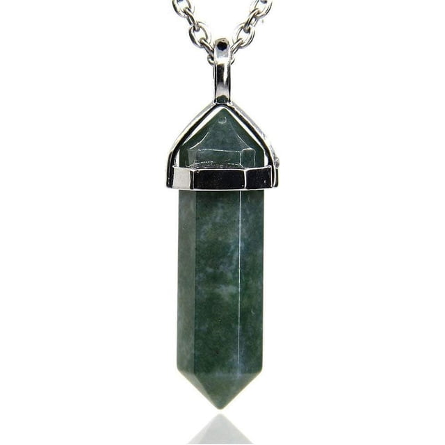 Moss Agate Gemstone Hexagonal Pointed Reiki Chakra Pendant Necklace 20"