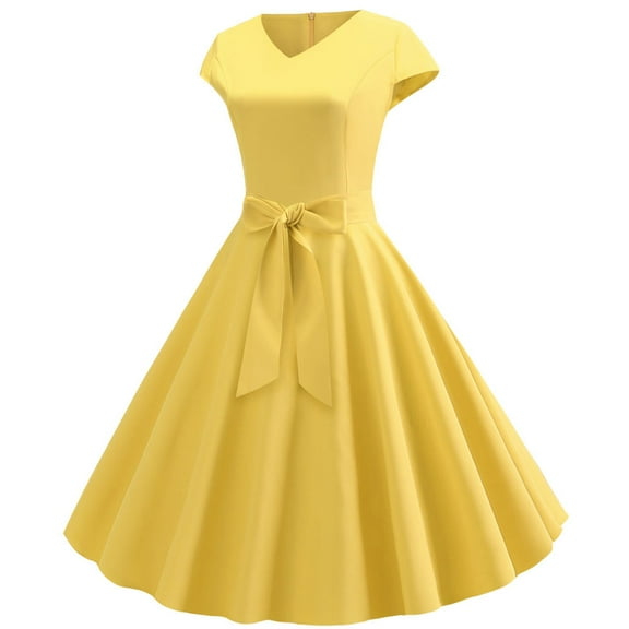 Wioihee Women Vintage 1950S Dress Retro Cocktail Party Swing Dresses with Cap Sleeves Yellow 8(XL)