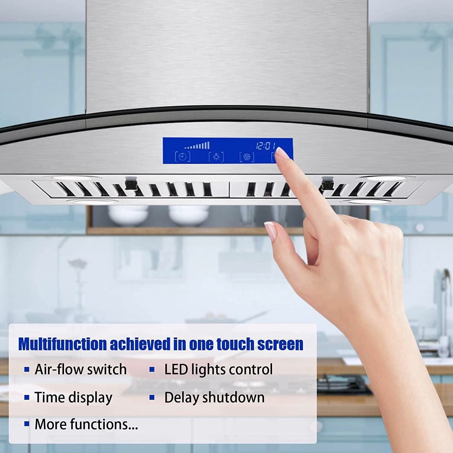 Joeaonz 30-Inch Island Range Hood 900 CFM Stainless Steel with Glass Touch Control & Reusable Filters