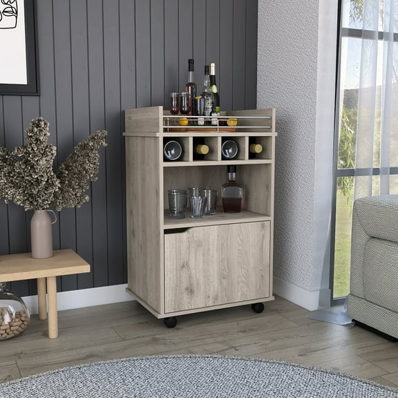 Modern Beige Bar Cart With Cabinet, 2 Open Shelves And 4 For Small Compact Living Space Cabinet