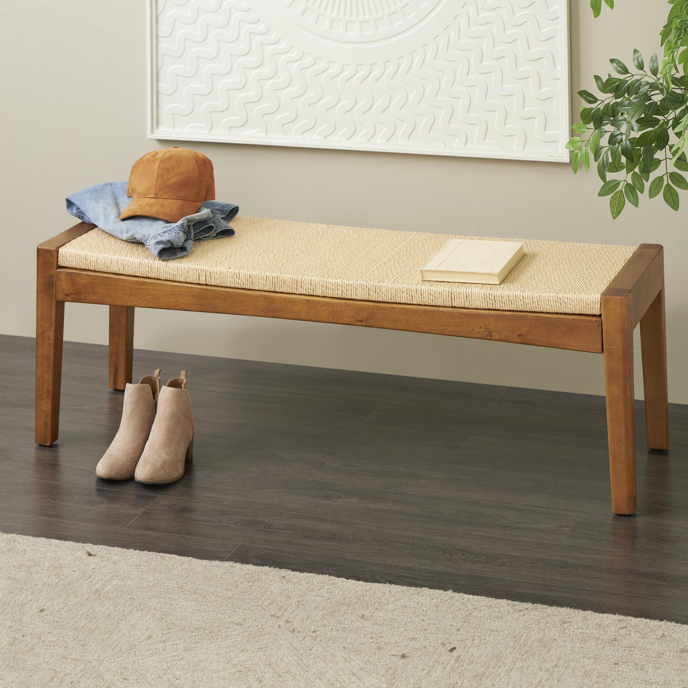 DecMode Wood Handmade Traditional Bench with Rope Wrapped Seat, Brown