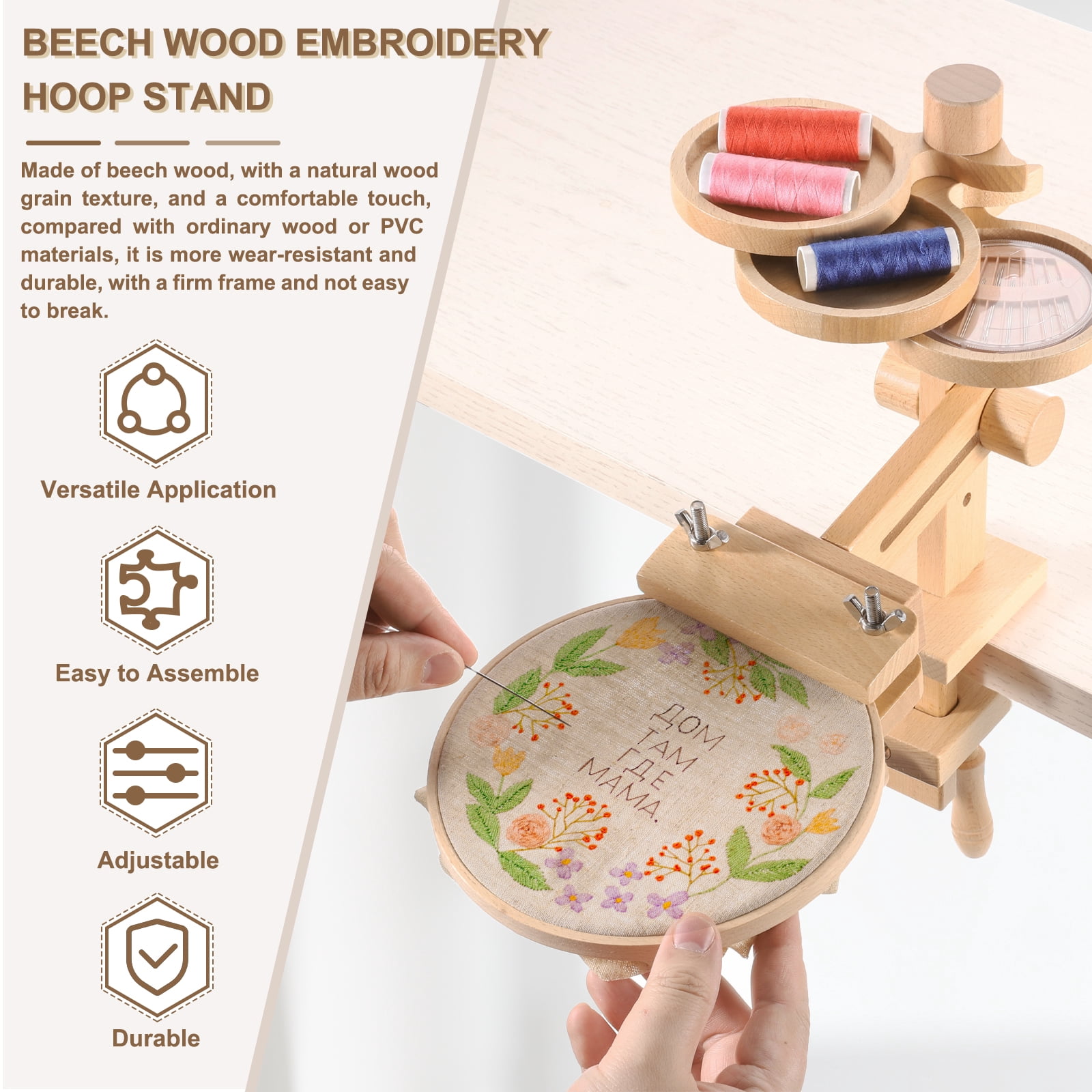 Uxcell Embroidery Hoop Stand, Adjustable Beech Wood Cross Stitch Holder with Storage Tray, with 6" Embroidery Hoop