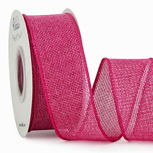 Ribbli Burlap Wired Ribbon,1-1/2 Inch x 10 Yard,Hot Pink,Solid Wired Edge  Ribbon for Big Bow,Wreath,Tree Decoration,Outdoor Decoration 