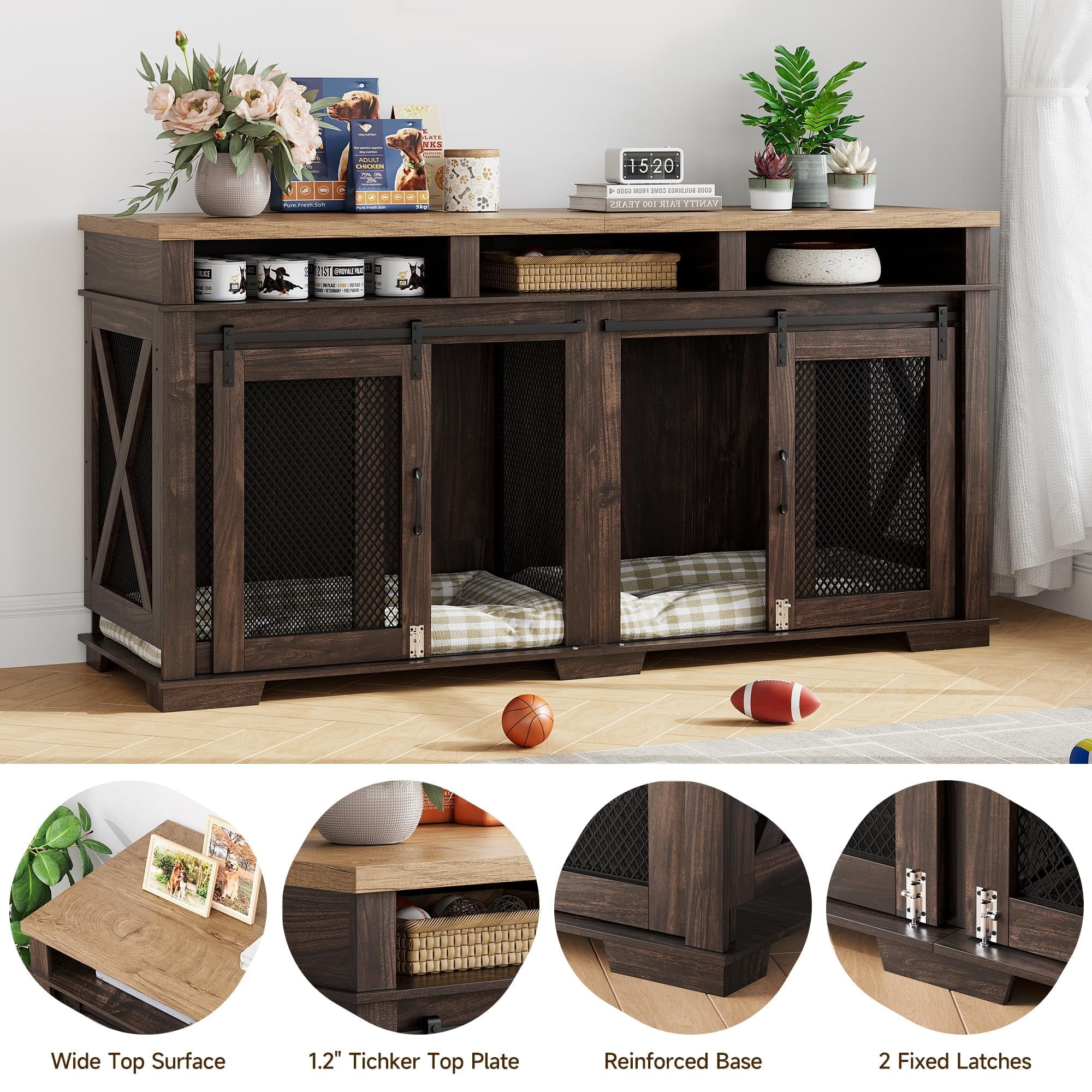 Dog Crate Furniture for 2 Dogs, Wooden Dog Cage with Storage Compartment, Indoor Dog Kennel with Removable Divider and 2 Sliding Barn Door for Large/Medium Dogs