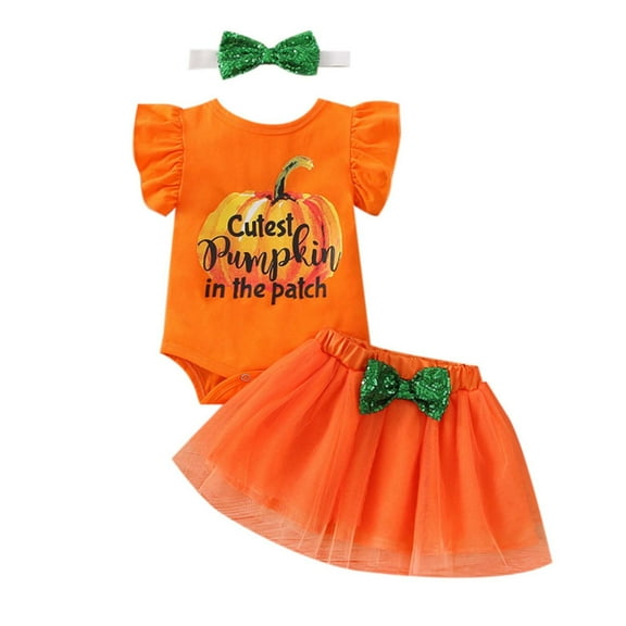 Odeerbi Baby Bodysuit Layette Onesie for Toddler Infant Girls Children's Festival Print Sleeveless Romper Skirt Jumpsuit Three-piece Set Orange