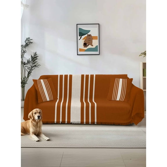 Burnt Orange Beige Striped Couch Cover for 2 Cushion Sofa, Modern Farmhouse Retro Lines Washable Loveseat Sofa Covers Slipcover for Sectional Sofas L-Shaped, Couch Throw Cover 71"x118"