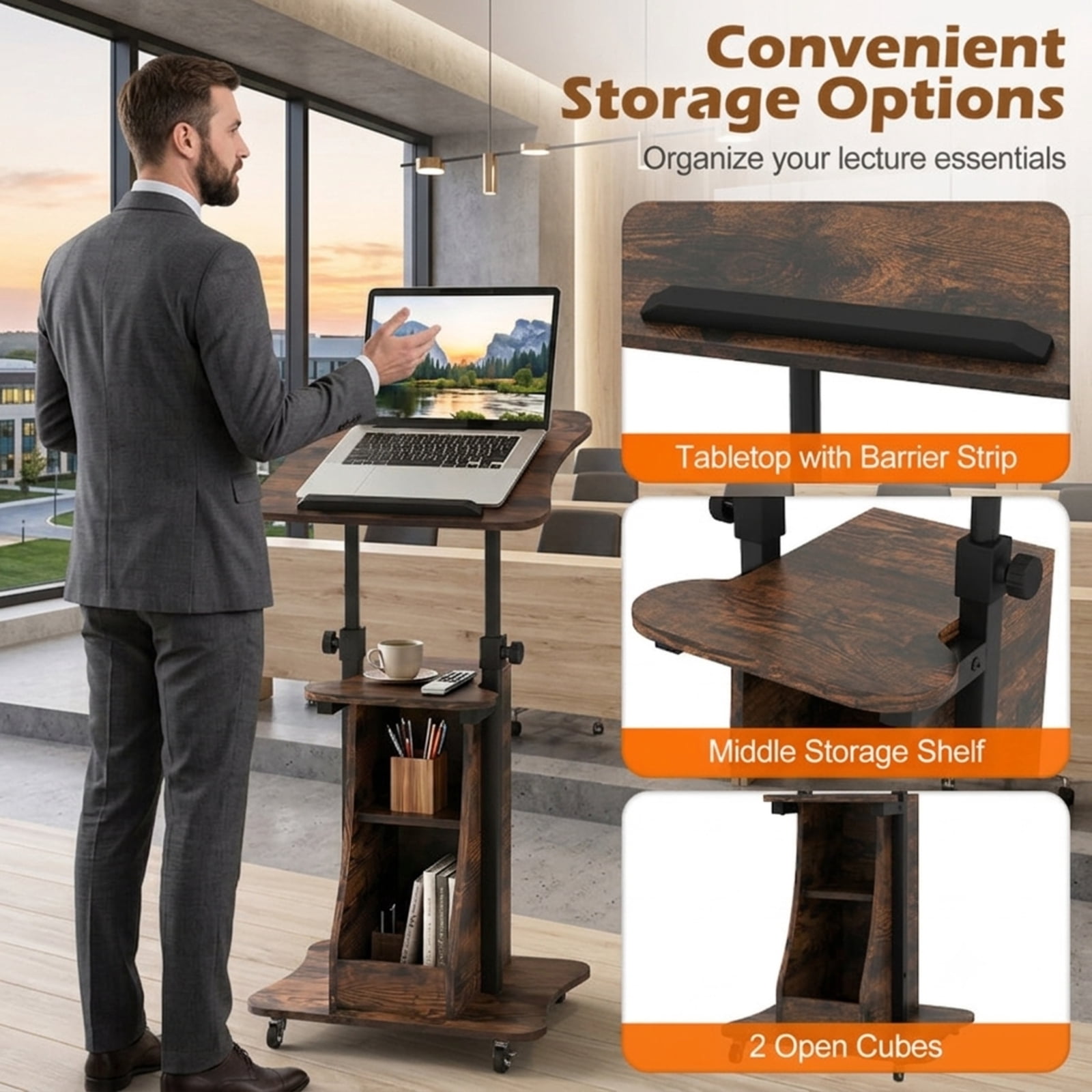 Furnibear Mobile Podium Stand Height Adjustable Laptop Cart with Tilting Tabletop Rolling Wheels and Storage Compartments for Classroom, Rustic Brown
