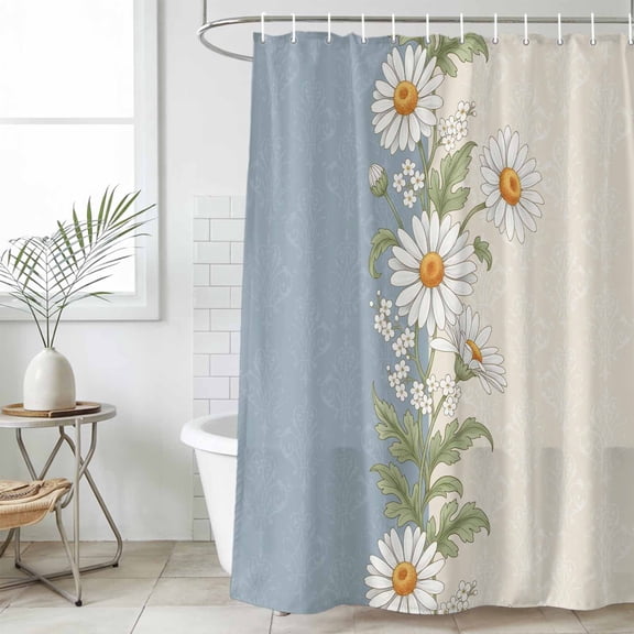 Bathroom Shower Curtain Pastoral Daisy Wildflower Leaves Waterproof Shower Curtains with Hooks, Blue Beige Stripes Bath Curtains Bathtub Curtain Home Decor 36x72in
