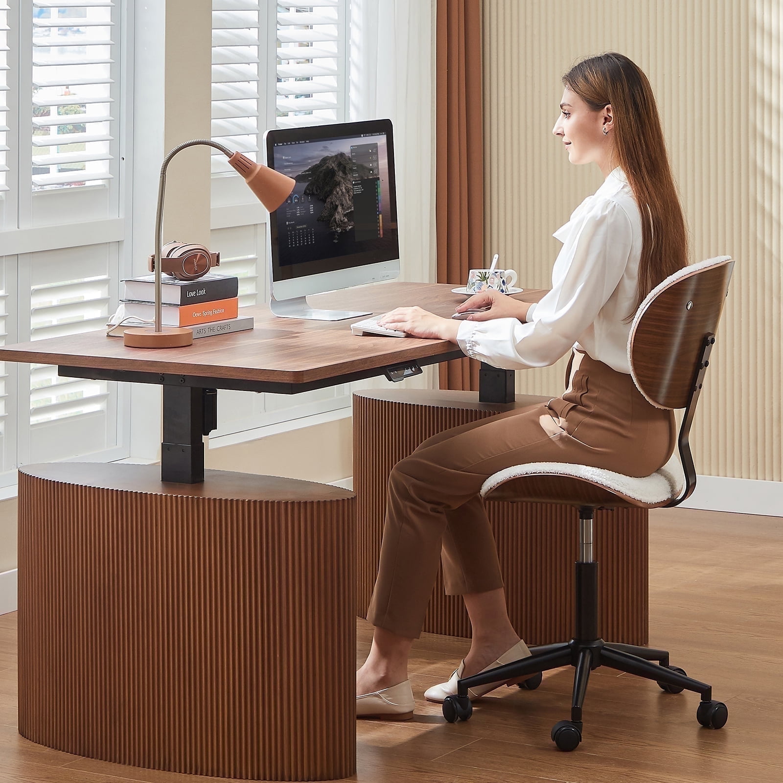 Bestier Bentwood Ergonomic Armless Office Desk Chair with Wheels, Comfy Computer Chair with Lumbar Support, Teddy Mid Back Adjustable Height 360° Rolling Swivel Task Chair No Arm for Home, Off White