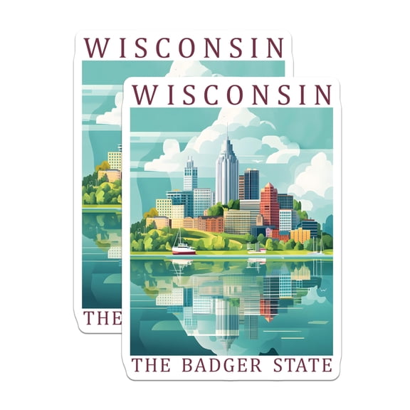 (2 Pack) Wisconsin Stickers - Badger State Art - Cityscape Travel Decals - 5" On Longest Side - Sticks to Smooth Flat Surfaces - Made in USA - BMCS17971