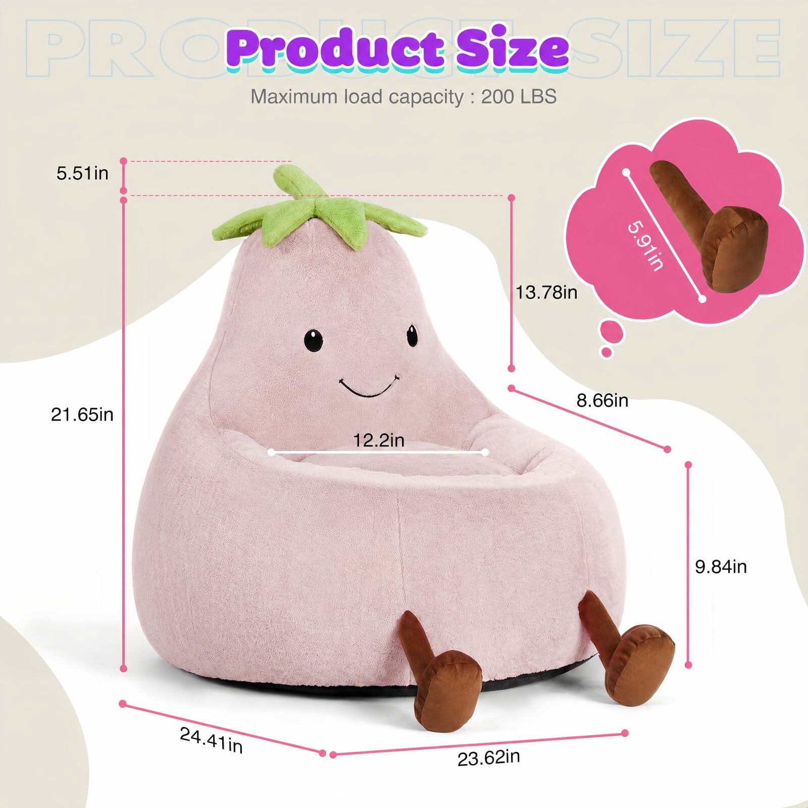 Kelno 24" Kids Bean Bag Chair Faux Rabbit Fur Lazy Chair Toddler Couch, Pink