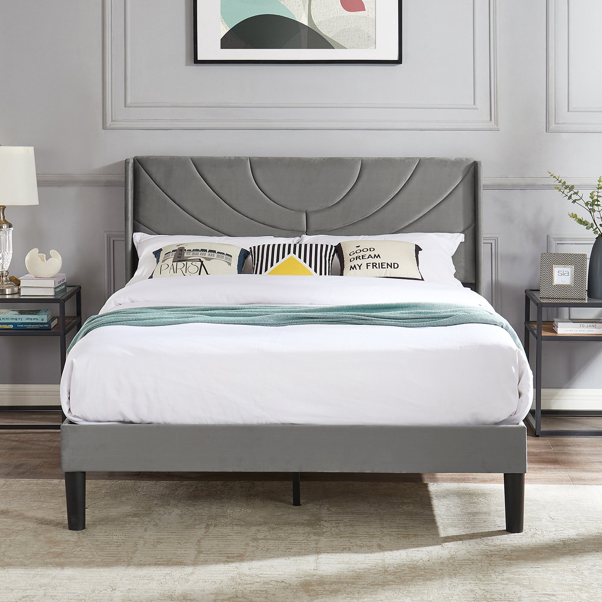 VECELO Queen Platform Bed Frame with Upholstered Headboard, Strong Wooden Slats/No Box Spring Needed, Dark Gray