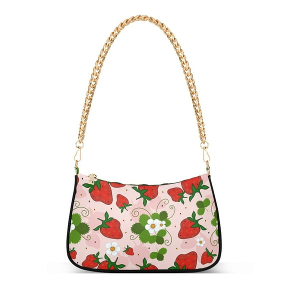 Strawberry and Flowers Womens Chain Shoulder Bag Tote Handbag Clutch Hobo Purse with Zipper for Travel Casual