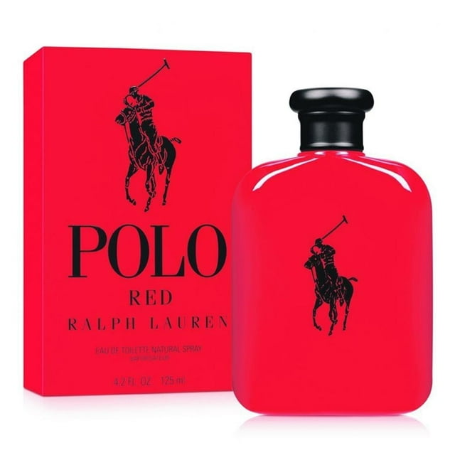 loción ralph lauren polo red caballero eau de toilette de 125 ml frasco y caja roja con logo de jinete; frasco rectangular con esquinas redondeadas y tapón negro, texto POLO en negro; notas de salida: toronja, limón italiano y arándano; corazón de azafrán y salvia; fondo amaderado con ámbar y café; estilo varonil y elegante, a menudo usado como fragancia de firma para uso diario.