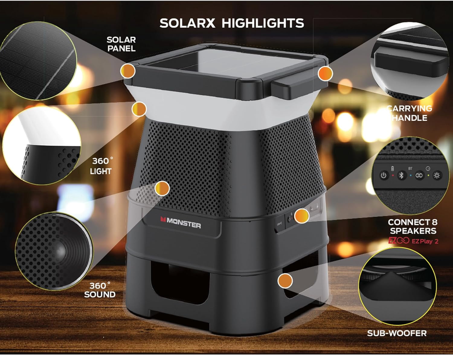 Monster Solar X Solar Powered LED Lighting Waterproof Wireless Bluetooth Portable Speaker, Black, MNSOLX-BLK