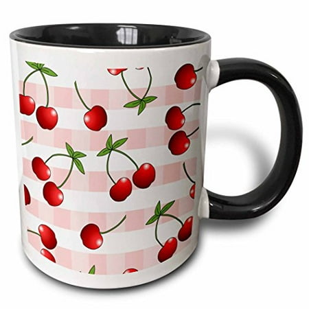 

3dRose Cherry Print Juicy Red Cherries on Pink Check Two Tone Black Mug 11oz