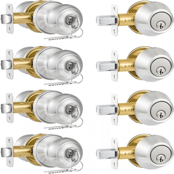 ZHZFKQ 4 Pack Exterior Door Lock Set,Satin Nickel Door Knob and Deadbolt Combo Set,Keyed Alike Entry Door Knobs with Lock&Keys,Round Ball Door Locksets with Deadbolt for Entrance and Front Door
