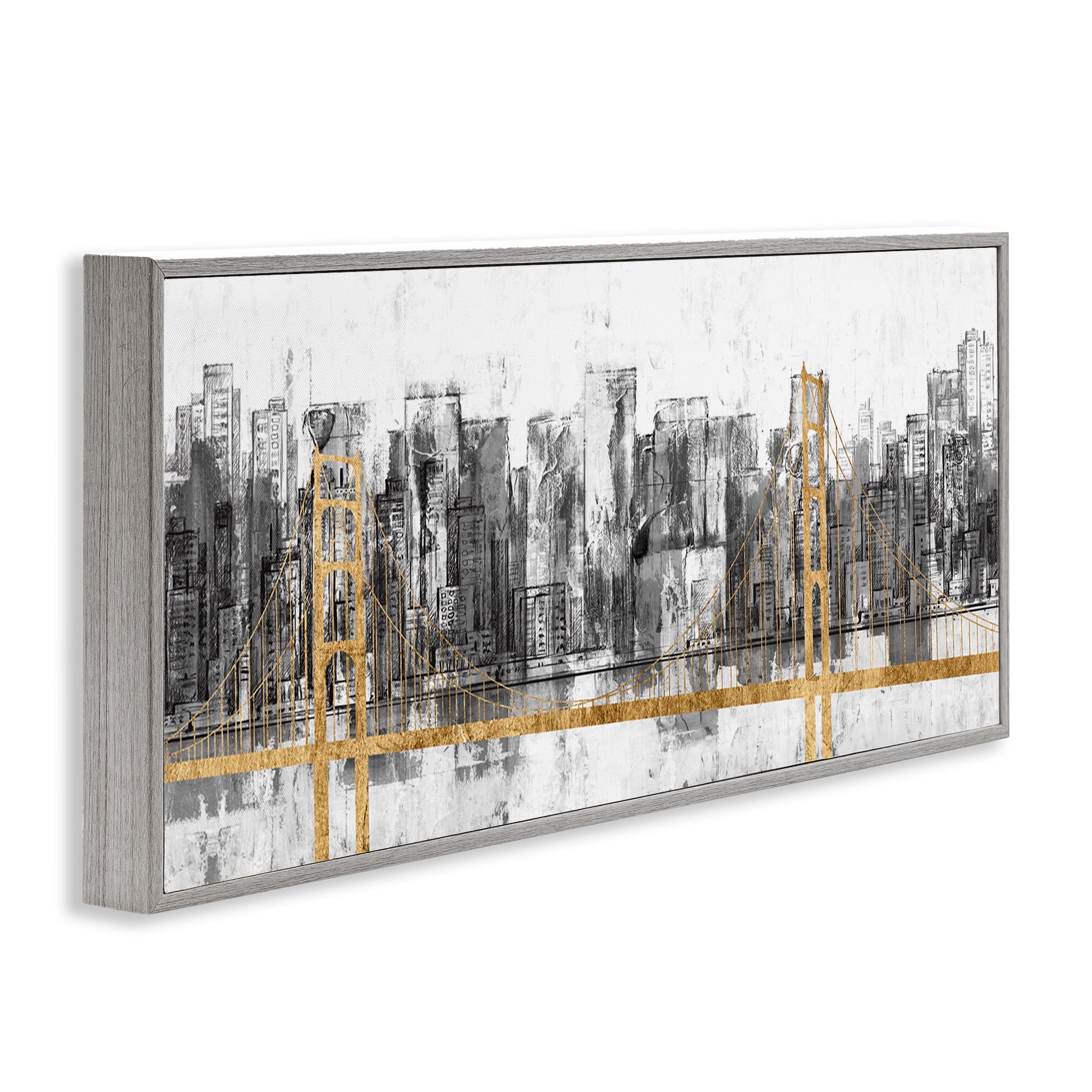 Stupell Industries Urban Golden Bridge Cityscape Abstract Painting Gray Framed Art Print Wall Art, 30 x 13