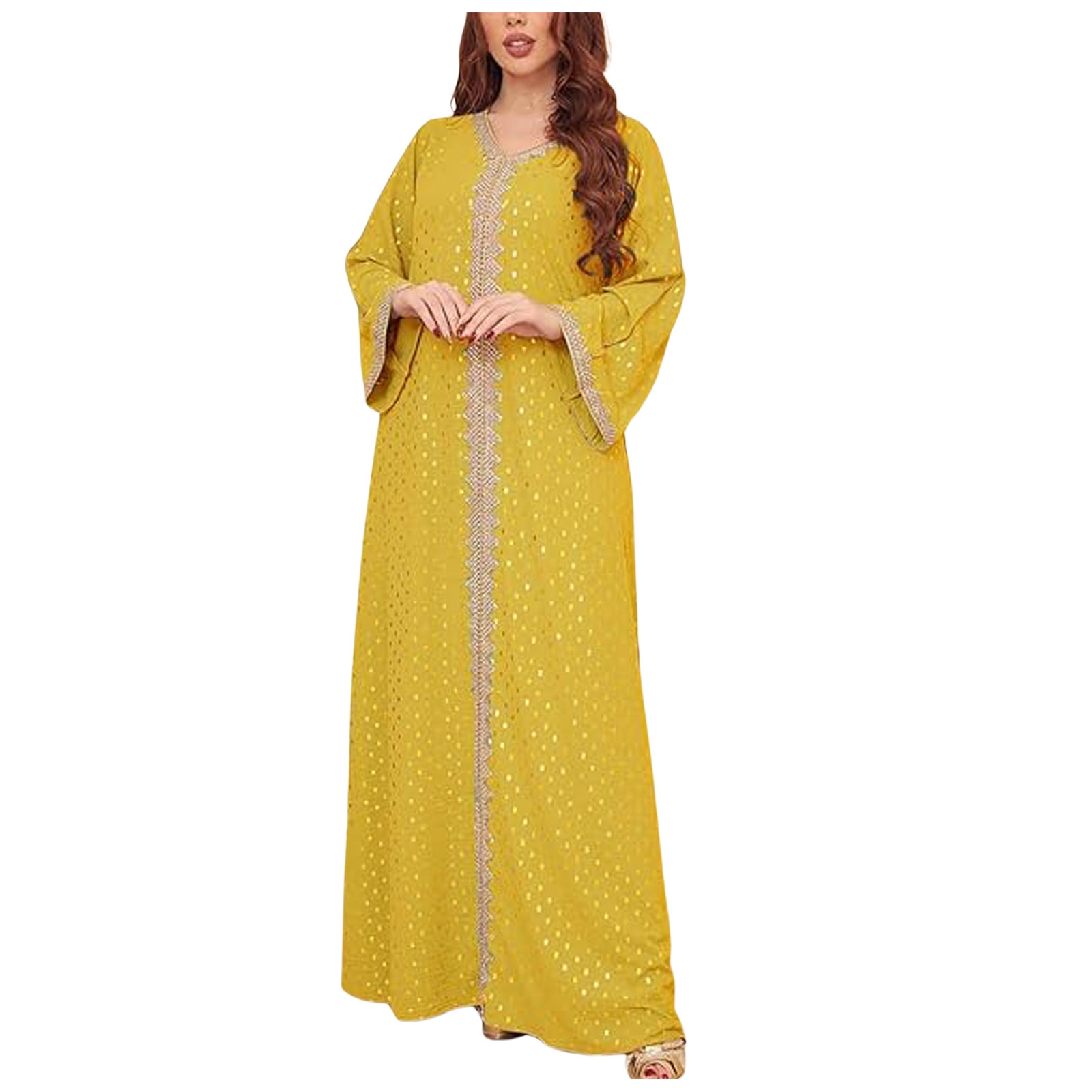 Lady's Gold Stamped Muslim Dubai Gown - Walmart.com