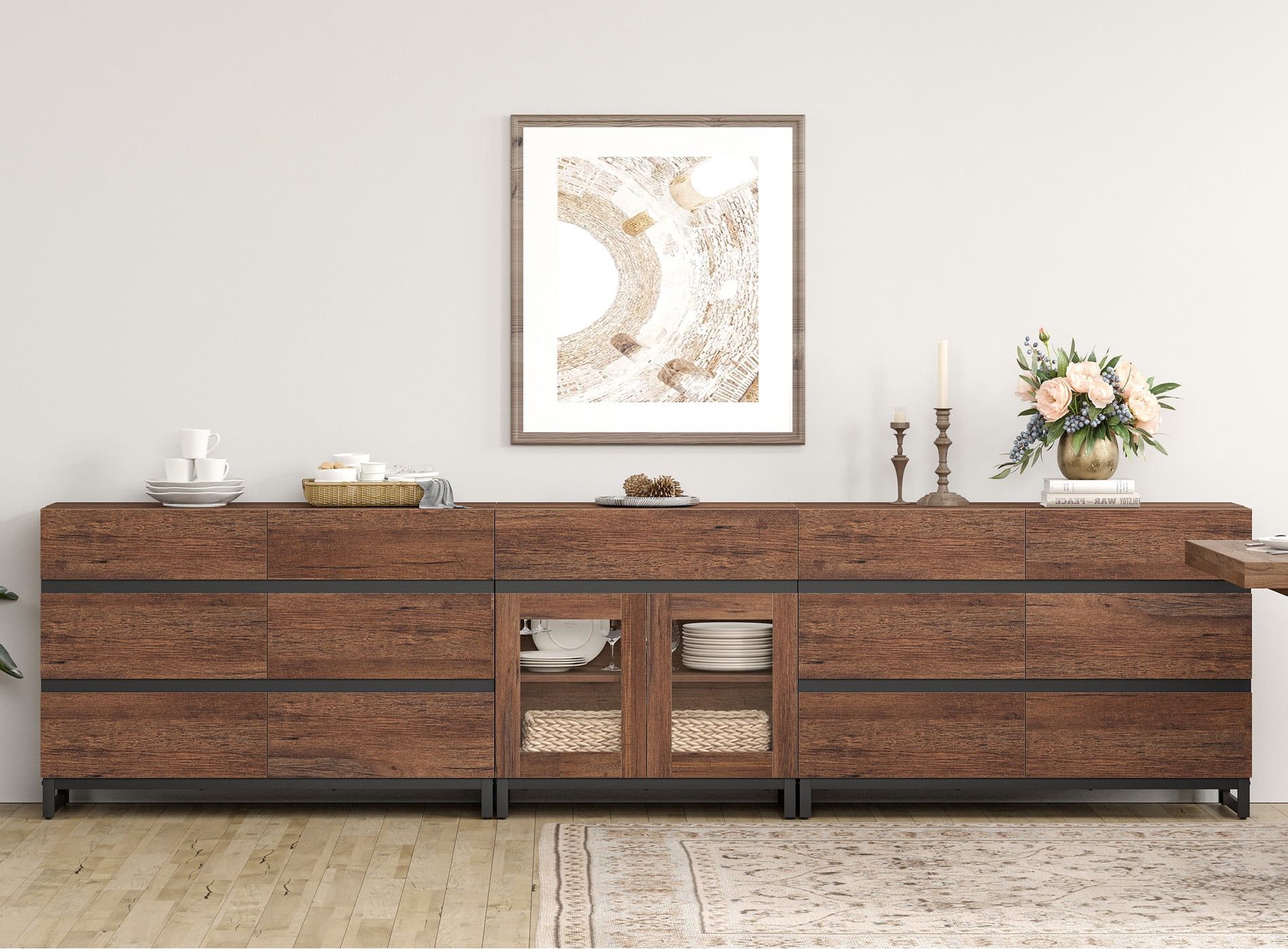 Modern 3-in-1 Sideboard Cabinet, Storage Credenza with 13 Drawers, Adjustable Shelf and Transparent Glass Doors, Sturdy Metal Base Coffee Bar Cabinet for Home Decor,Brown