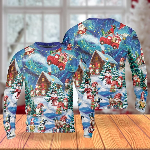 Santa Red Truck Christmas Sweatshirt, Snowman Winter Village Crewneck, Festive Holiday Night Scene Pullover, Cozy Christmas Sweater for Men Women