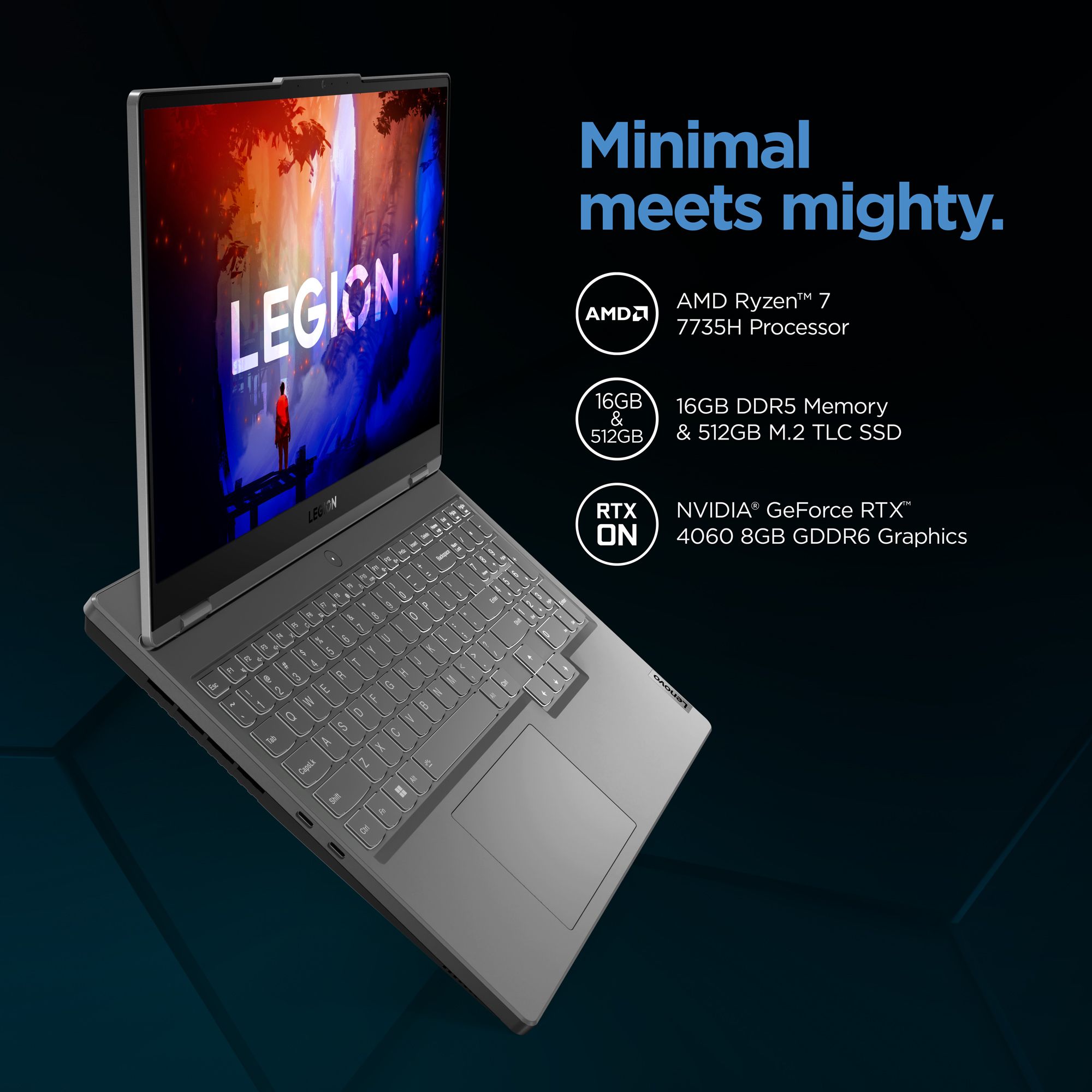 Lenovo Legion 5 15.6" WQHD 165Hz Gaming Laptop AMD Ryzen 7 7735H 16GB RAM 512GB SSD NVIDIA GeForce RTX 4060 8GB Storm Grey - image 3 of 16