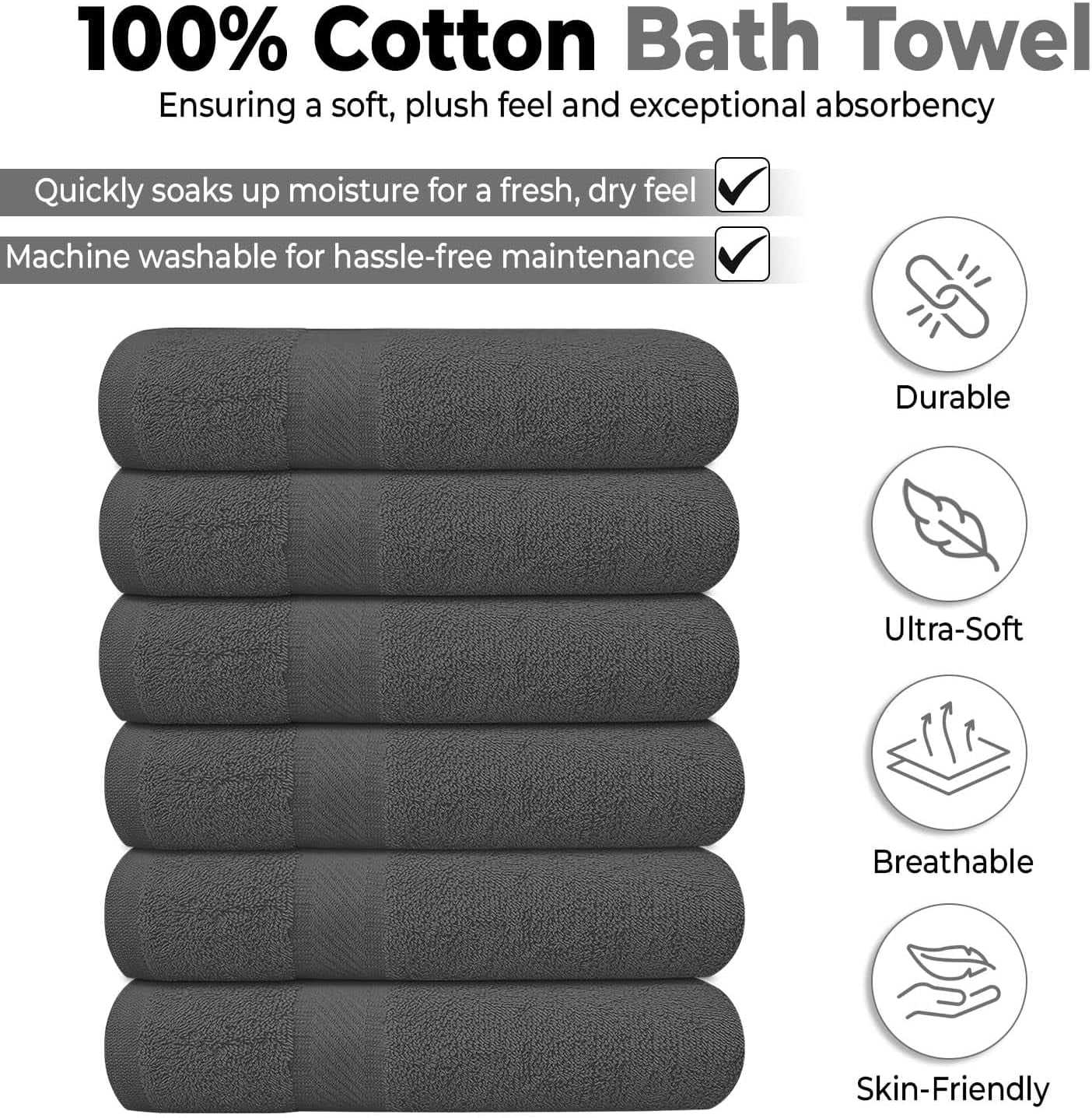Pack of 6 Bath Towels 27 x 54 Inches, 100% Cotton, Larger & Lighter Weight, Quicker to Dry, Super Soft and Absorbent, Perfect for Bathroom (Multicolor, Pack of 6 (27''x54''))