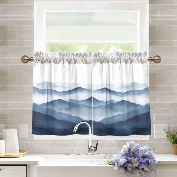 Yayeee Kitchen Curtains Tier Pair Light Filtering 27"x36" Rod Pocket Short Cafe Window Panel, Watercolor Mountains