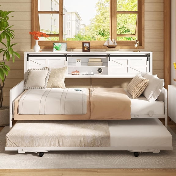 Homieasy Farmhouse Twin Daybed with Pop-Up Trundle, White | Metal Trundle Bed Frame with Bookcase Headboard, Twin to King Expandable, Charging Station & Barn Door Storage for Bedroom