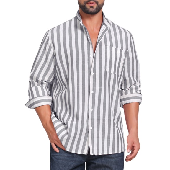 INSPIRE CHIC Men's Stand Collar Long Sleeve Button Down Striped Dress Shirts with Chest Pocket L Gray