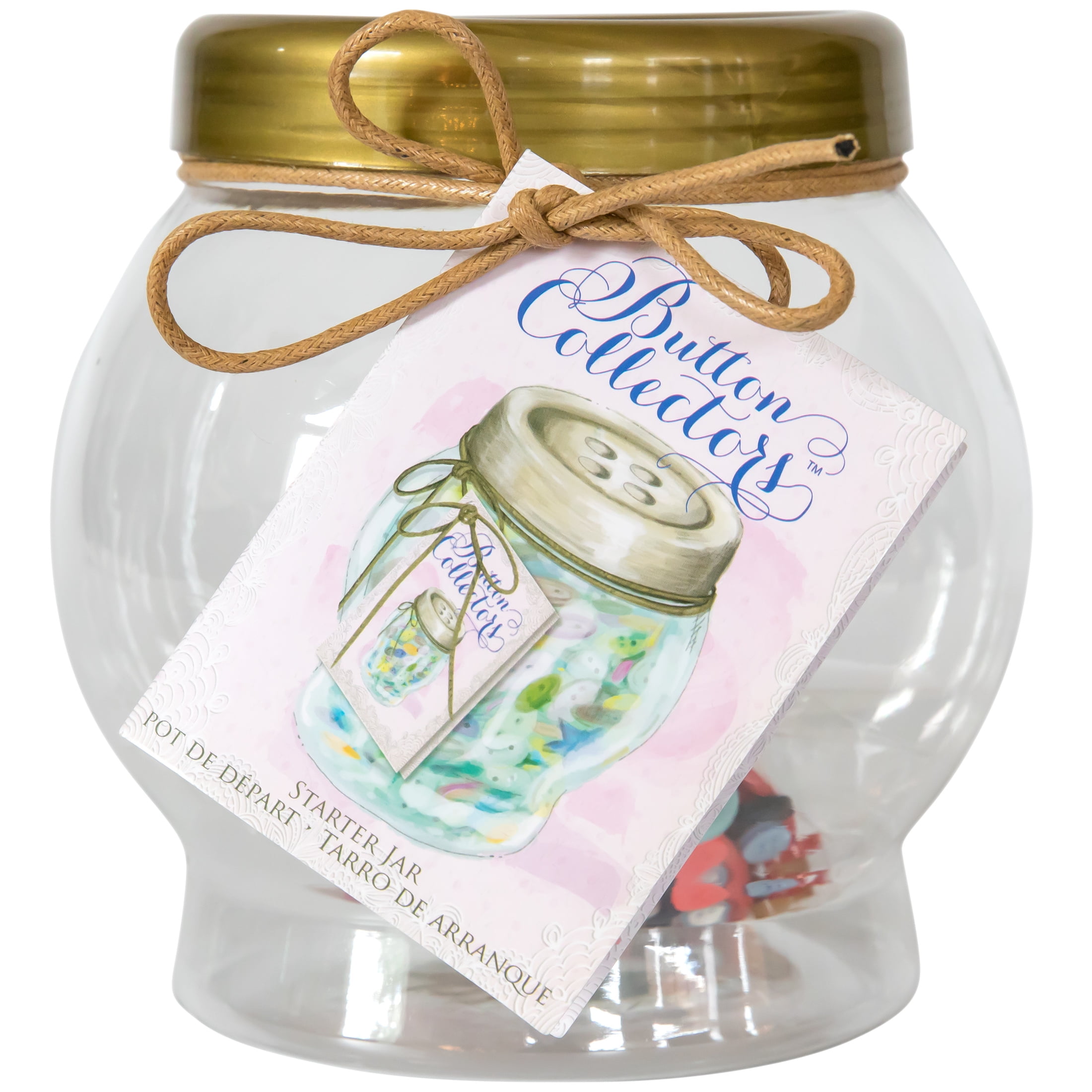 Button Collector's "Button Collectors" Gold Tone Button Shaped Lid Plastic Storage Jar, Clear