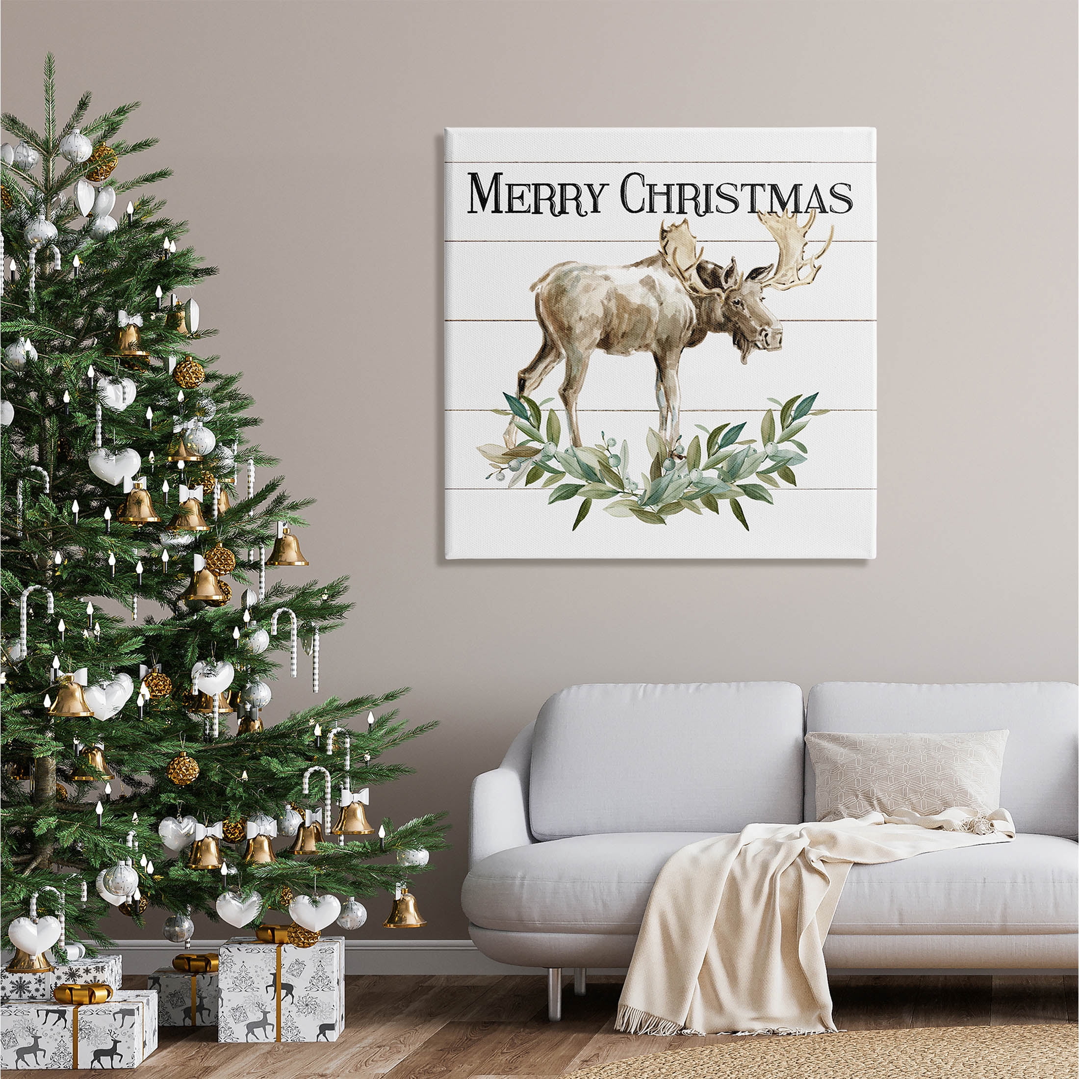 Stupell Industries Merry Christmas Moose Laurel Graphic Art Gallery Wrapped Canvas Print Wall Art, Design by Carol Robinson