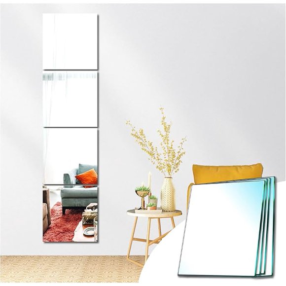 Rectangular Glass Wall Mirror Adhesive Decorative Mirror Sticker Home Decoration for Bedroom Living Room Door (Ordinary Grinding, 30x30cm, 4 Pieces)