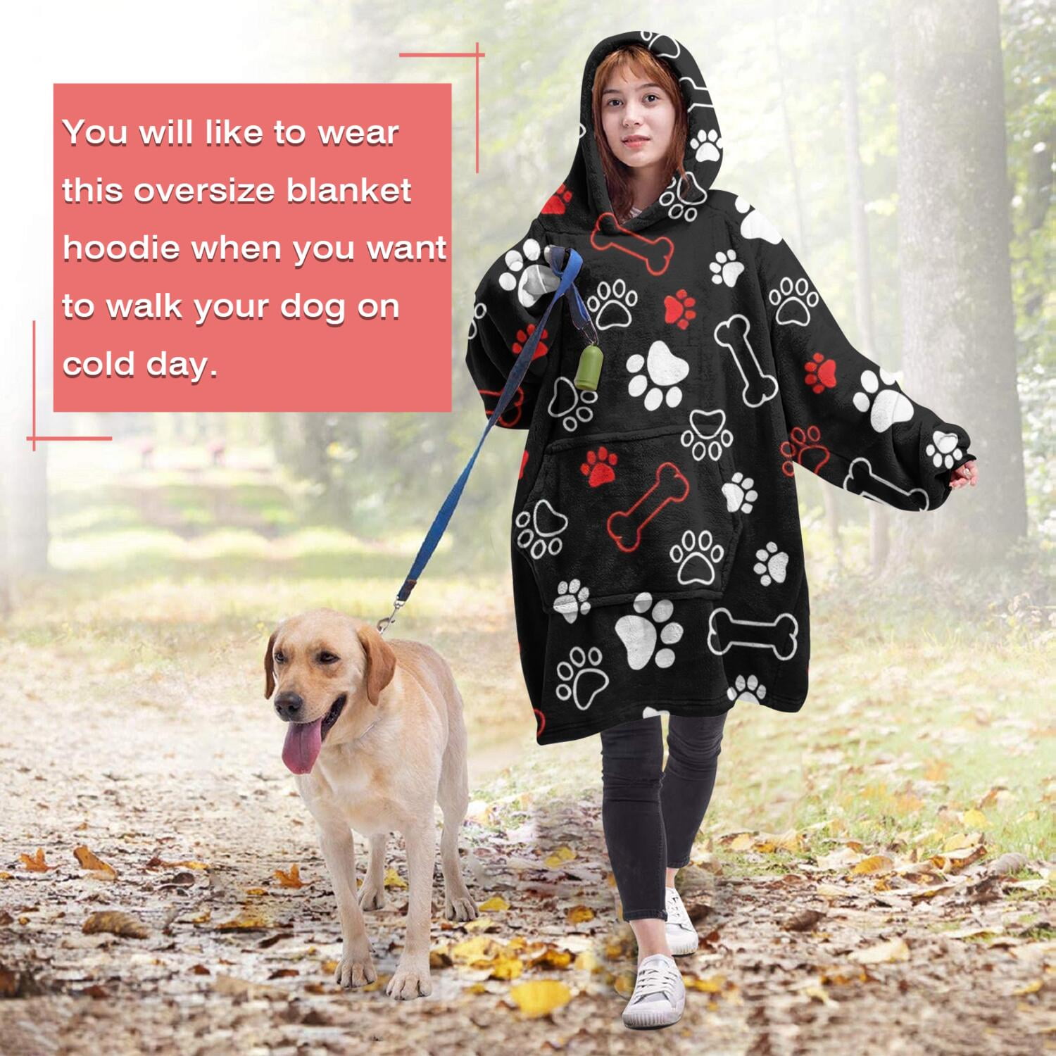 Wearable Oversized Blanket,Paw Prints and Bones Wearable Blanket Hoodie for Adults,Cozy Hooded Blankets with Super Pockets,Super Warm Fuzzy Pullover for Women & Men
