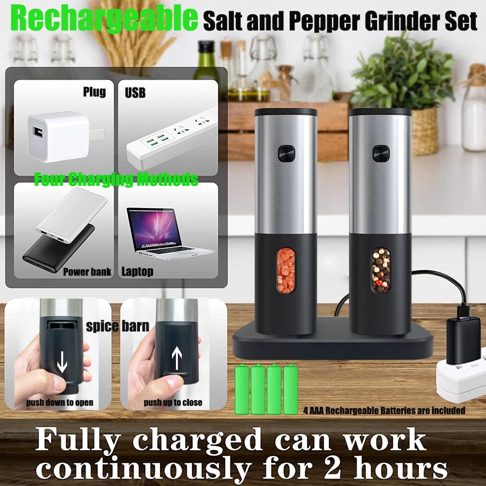 𝑵𝒆𝒘 𝑼𝒑𝒈𝒓𝒂𝒅𝒆𝒅 PwZzk Electric Salt and Pepper Grinder Set  Rechargeable USB One Hand Automatic Operation Stainless Steel Electronic  Spice Mill Shakers With Adjustable Coarseness (2 Pack) - Yahoo Shopping