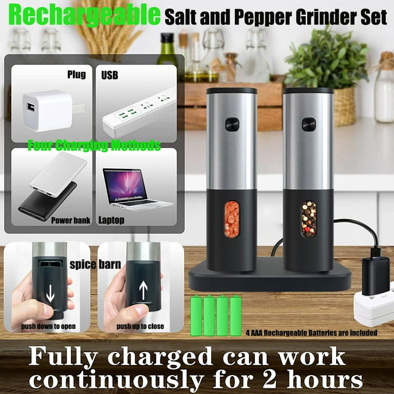 Rechargeable Electric Salt and Pepper Grinder Sets with Charging Base,  DERGUAM Stainless Steel Pepper Grinder with Rechargeable Batteries, Salt  Grinder with Adjustable Coarseness and LED Blue Light 
