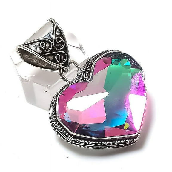 Natural Mystic Topaz Gemstone 925 Sterling Silver Jewelry Pendant 1.69"