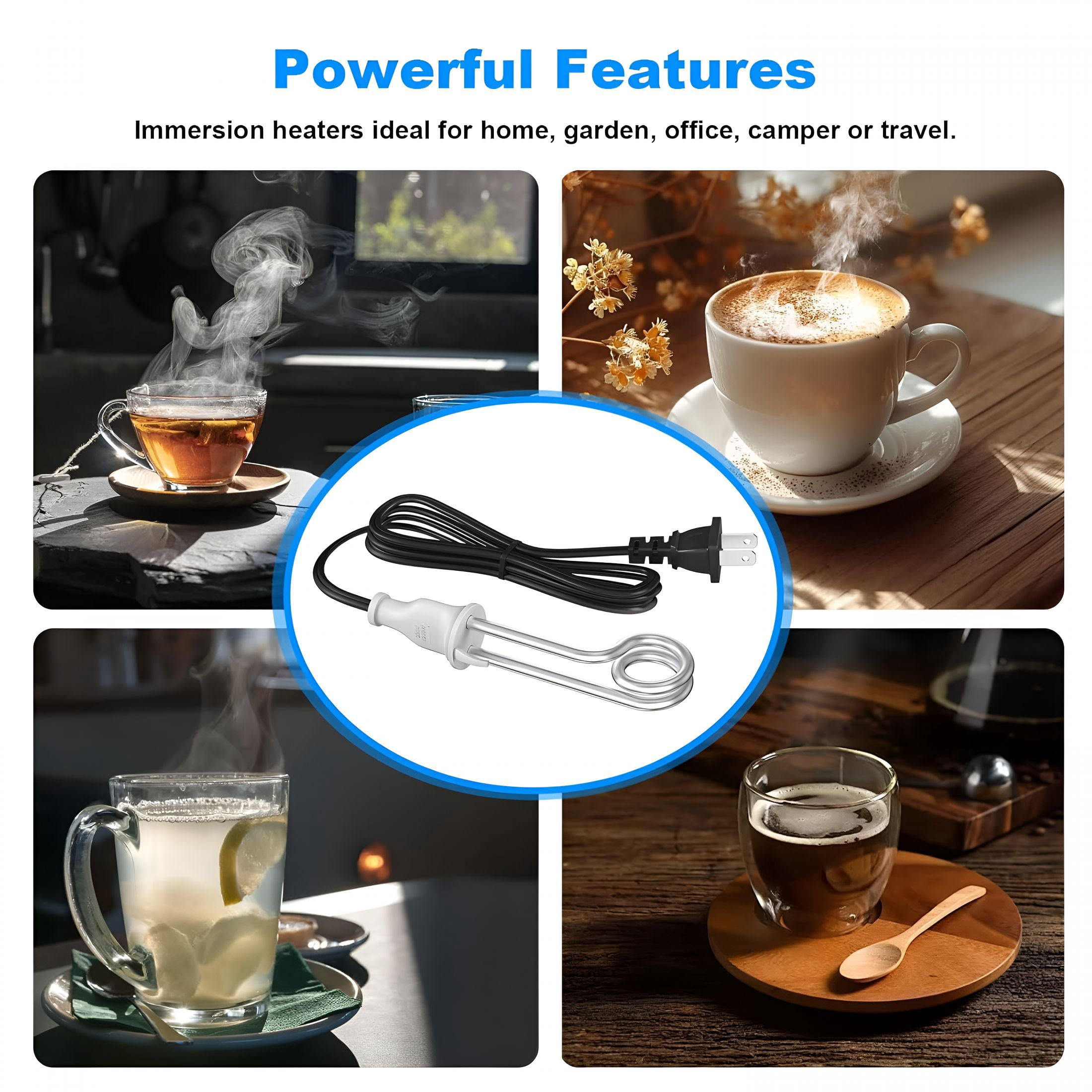 HIBIBUD Immersion Water Heater 300W 120/240V Portable Immersion Water Heater Element,Instant Immersion Cup Mug Heater Fit Camping Traveling Coffee/Tea/Soup Electric Water Portable Reheater