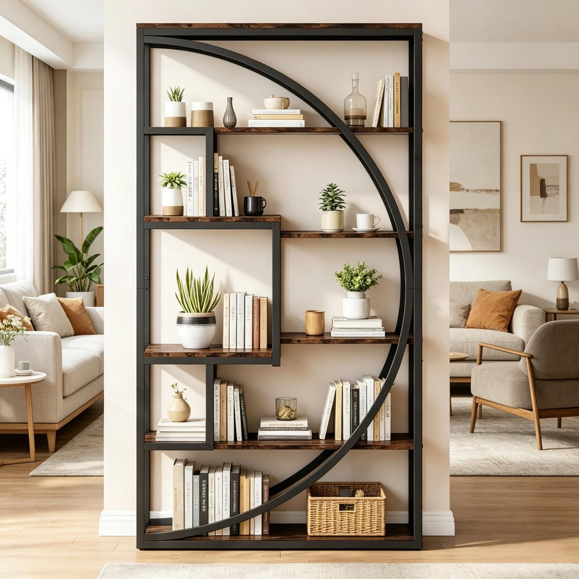 Bookshelf, 5-Tier Geometric Bookcase with 8 Open Shelves, Particle Board and Metal Frame, 48.03 in x 14.17 in x 9.84 in