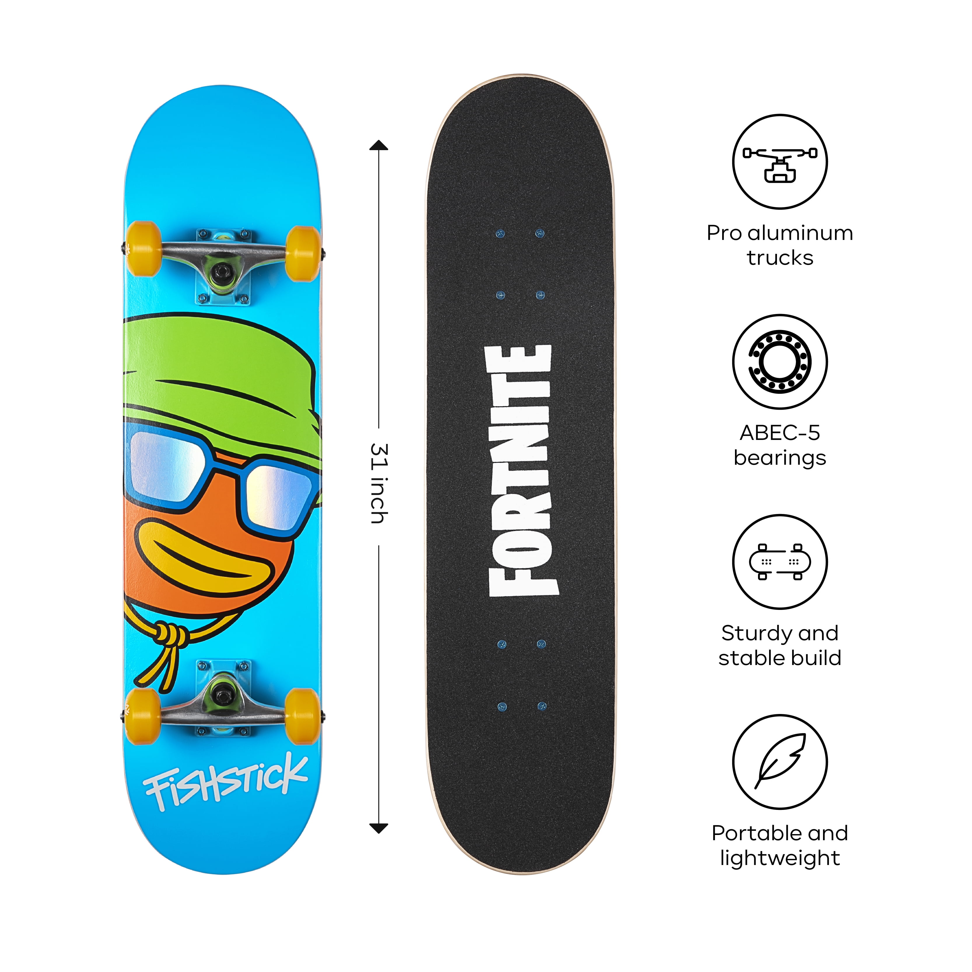 Fortnite Fishstick 31" Skateboard; Complete Skateboard for Teens (Bonus: Nite Life Wrap)