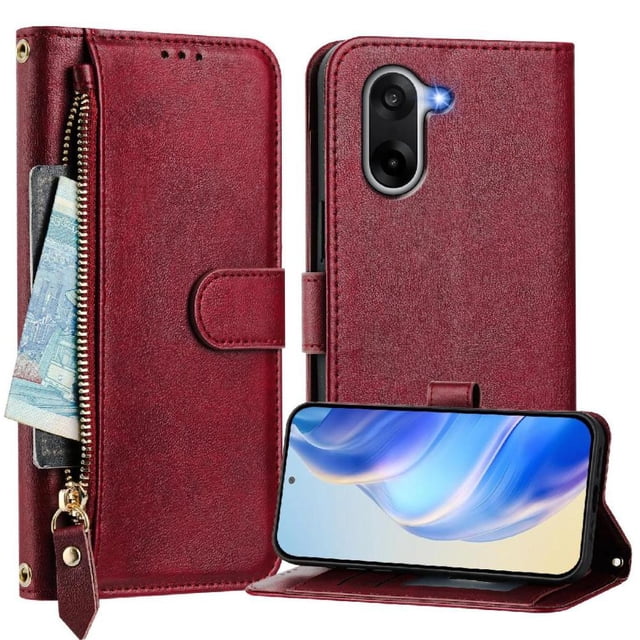 FOXDOCK Funda Tipo Cartera para Xiaomi Poco F7 Ultra 5G Cuero PU con Cremallera y Correa de Muñeca, Ranuras para Tarjetas, Soporte Plegable, Cierre Magnético