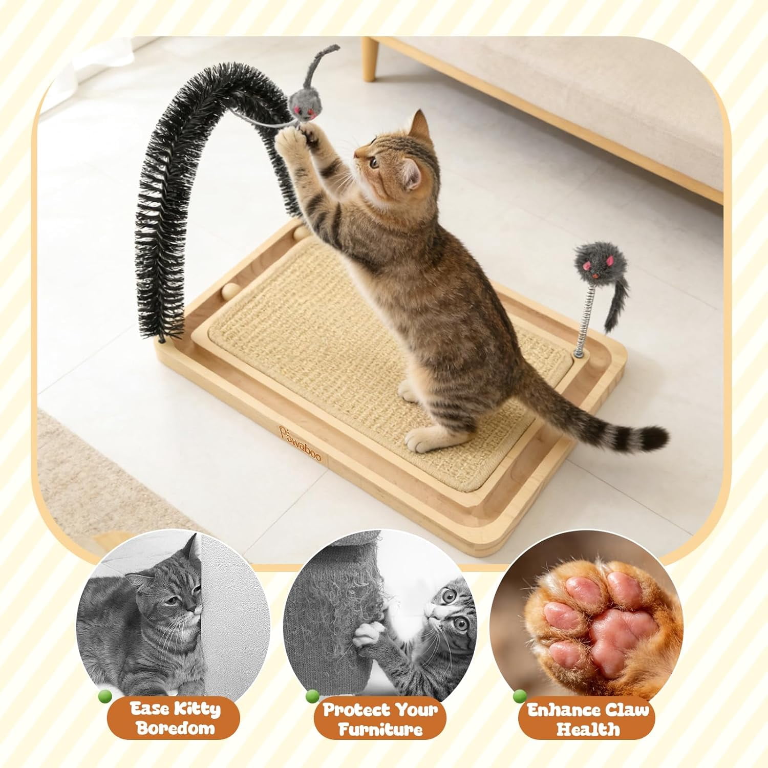 Pawaboo Sisal Cat Scratcher Toy, 16.93"×12.99"×12.20" Cat Scratcher Toy with Ball Track, Wooden Interactive Toys for Indoor Cats Scratch Pad, Cats Chasing Hunting Physical Exercise Toys