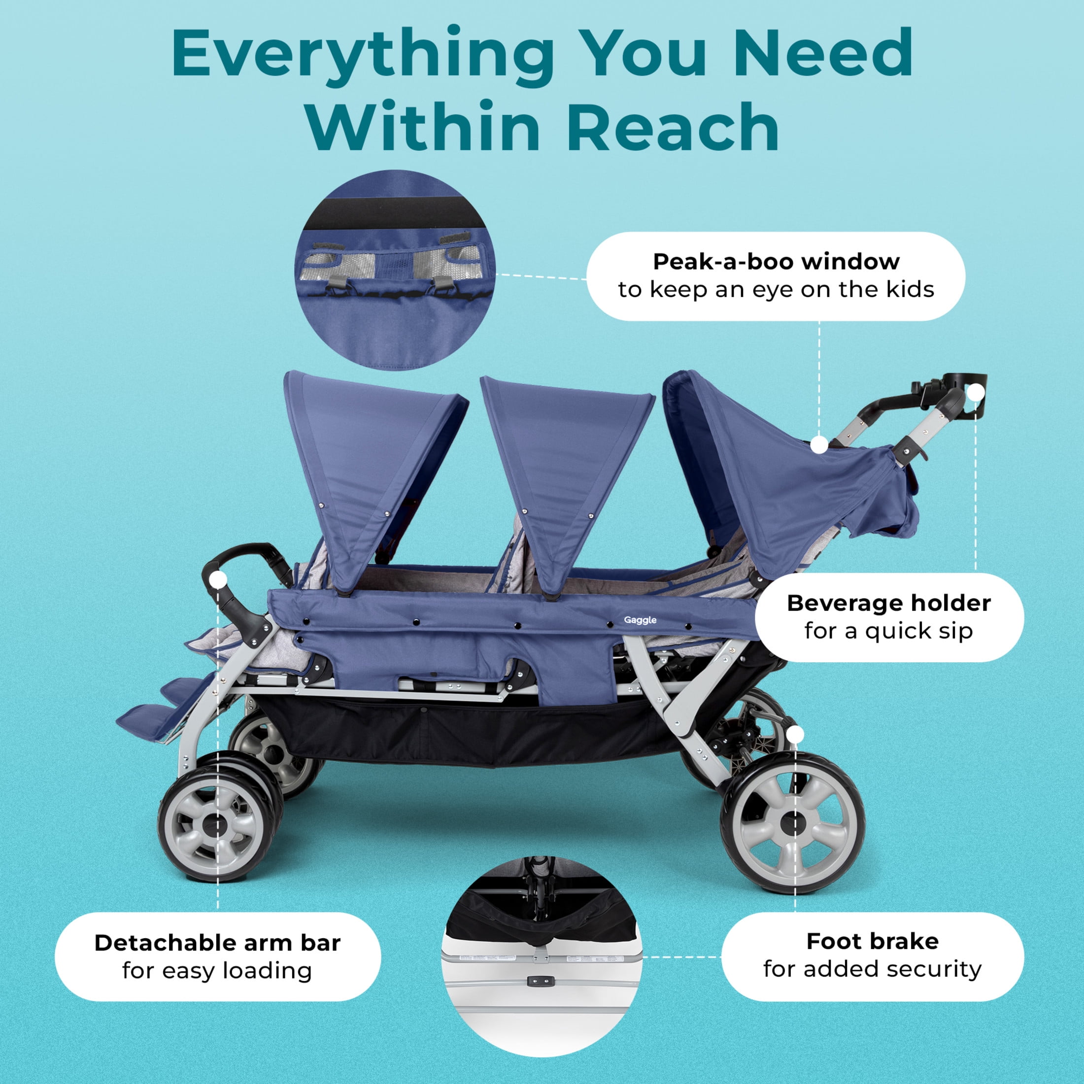 Foundations Gaggle Jamboree 6-Seat Folding Daycare Stroller with Canopies, Reclining Seats, Navy/Gray