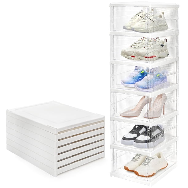 Caja transparente apilable para zapatos sin montaje organizador de plástico con puerta estante de pie con tapa