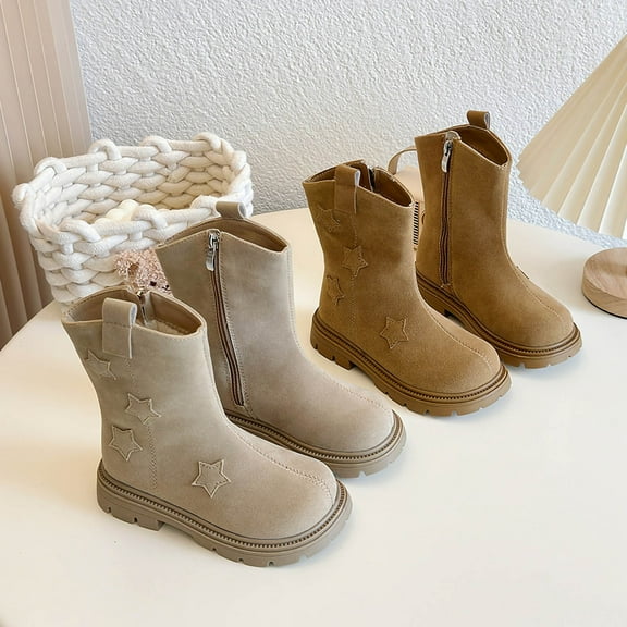 Little and Big Girls' Faux Fur Boots Fleece Lined Slip-On Boots Soft Sole Thicken Flatform Comfortable Footwear Warm Boots Toddler Shoes Solid Color Winter Fashion