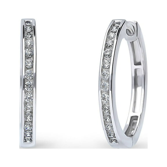 BERRICLE Sterling Silver Bar Cubic Zirconia CZ Medium Fashion Hoop Earrings for Women, Rhodium Plated, 0.8 inch