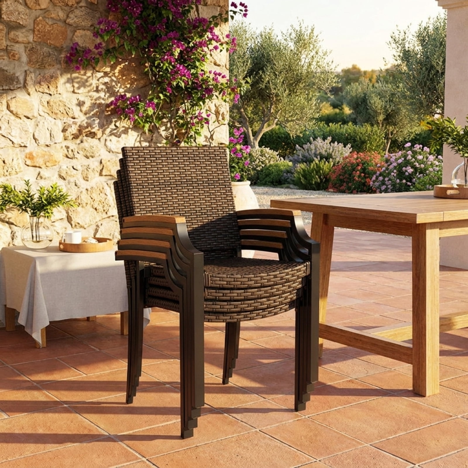 Biotree Outdoor Dining Chairs Set of 2 Stacking PE Wicker Patio Rattan Dining Chairs with Acacia Wood Armrests for Garden Backyard, Mix Brown