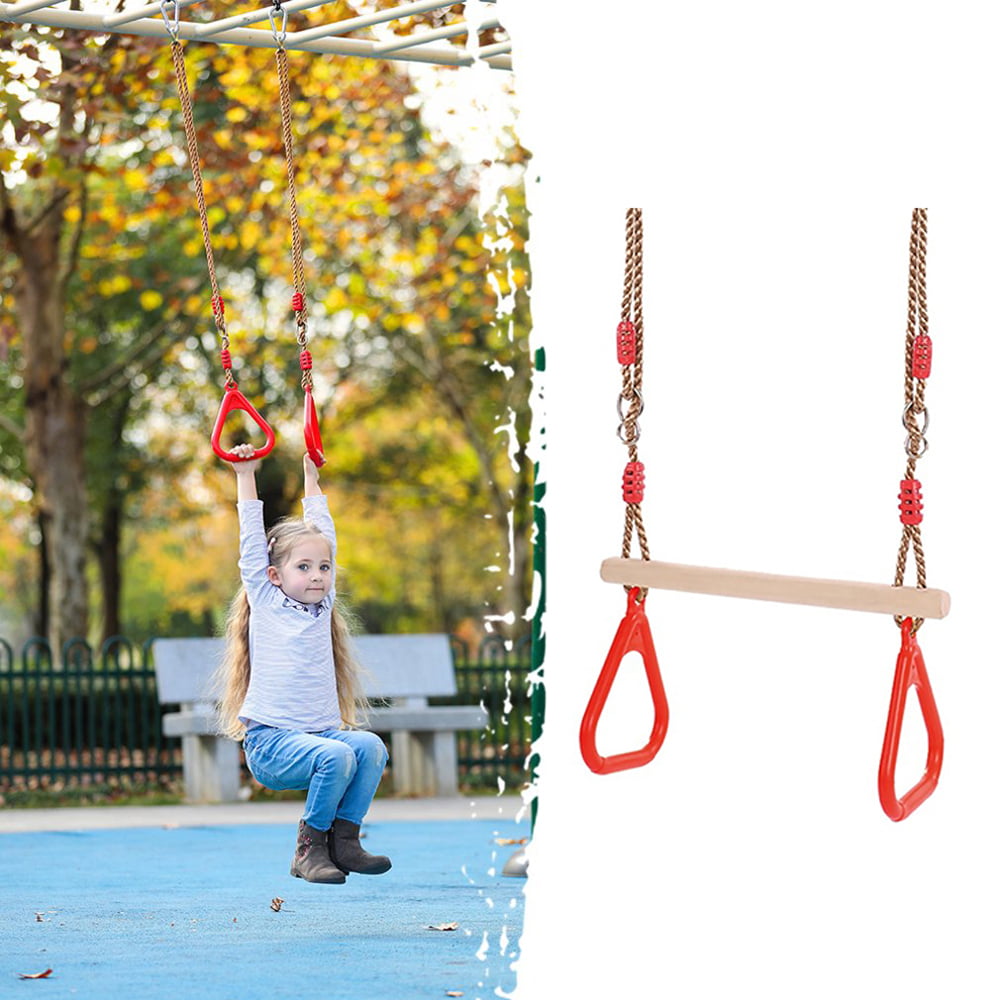 Wooden Trapeze with Plastic Gym Rings 2 in 1 Swing Set Accessories for children